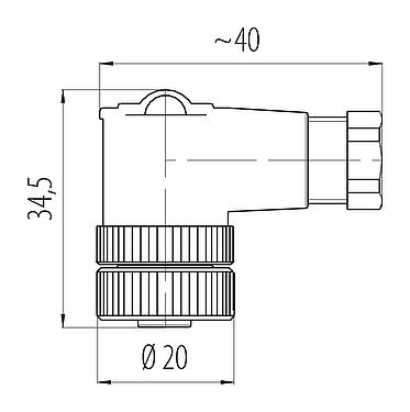 Dibujo a escala 99 2530 24 03 - M12 Conector hembra en ángulo, Número de contactos: 2+PE, 4,0-6,0 mm, sin blindaje, tornillo extraíble, IP67