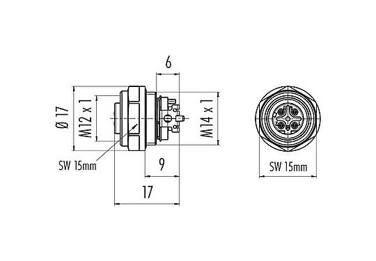 Dibujo a escala M12 Toma de brida, Número de contactos: 4, blindable, SMT, IP67, Montaje frontal