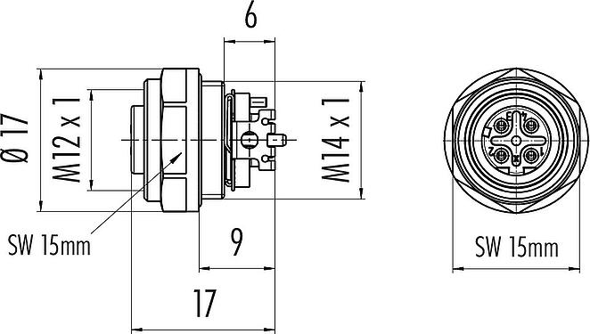 Dessin coté M12 Embase femelle, Contacts: 4, blindable, SMT, IP67, Montage frontal