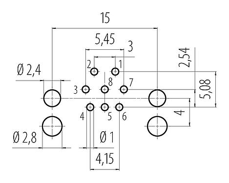 Conductor layout 99 3481 202 08 - M12 Male angled panel mount connector, Contacts: 8, unshielded, THR, IP68, UL 2238, for PCB assembly