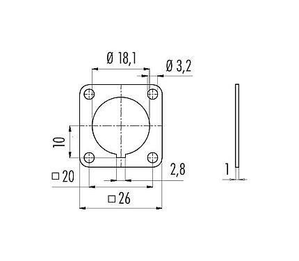 Scale drawing 04 0106 001 - M16 IP40 - square flange for flange connectors; series 581/680/682