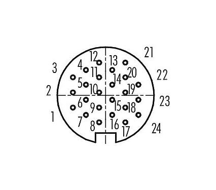 Disposición de los contactos (lado de la conexión) 09 0496 70 24 - M16 Conector de cable hembra, Número de contactos: 24, 6,0-8,0 mm, sin blindaje, soldadura, IP67