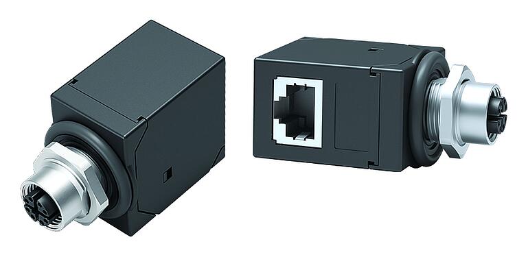 Illustration M12 Lead-through for control cabinet, female connector – RJ45 angled, Contacts: 8, shielded, pluggable, IP67, UL, Rear mounting