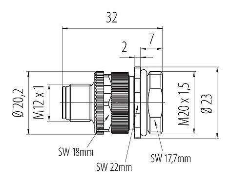 Scale drawing M12 Male panel mount connector, Contacts: 3+PE, unshielded, screw clamp, IP68, UL 2238, VDE, M20x1.5, Front mounting, for the power supply
