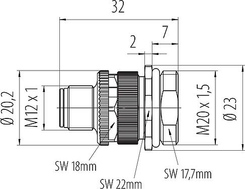 Dibujo a escala M12 Enchufe de brida, Número de contactos: 3+PE, sin blindaje, tornillo extraíble, IP68, UL 2238, VDE, M20x1,5, Montaje frontal, para la fuente de alimentación (potencia)
