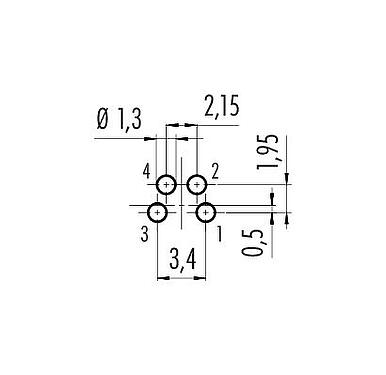 Conductor layout M8 Female panel mount connector, Contacts: 4, unshielded, THT, IP67, M12x1.0, Rear mounting, potted