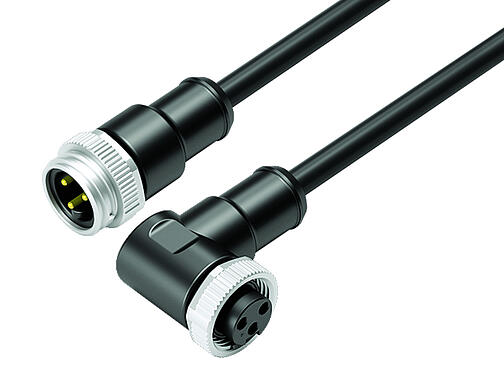 3D View 77 1434 1429 50003-0200 - Connecting cable male cable connector - female angled connector, Contacts: 2+PE, unshielded, moulded on the cable, IP68, UL, PUR, black, 3 x 1.50 mm², 2 m
