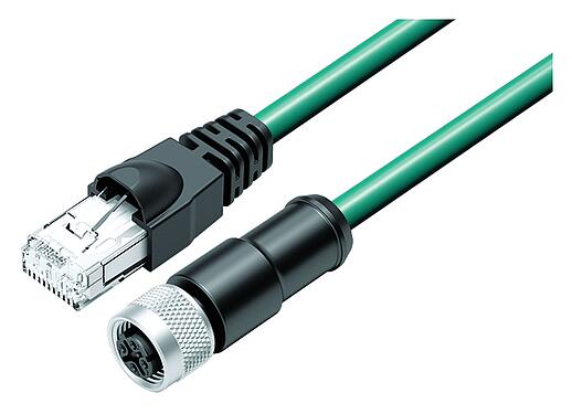 Illustration M12/RJ45 Câble de raccordement connecteur femelle - connecteur RJ45, Contacts: 4, blindé, moulé/sertissage, IP67, Ethernet CAT5e, TPE, bleu/vert, 2 x 2 x AWG 24, 1 m