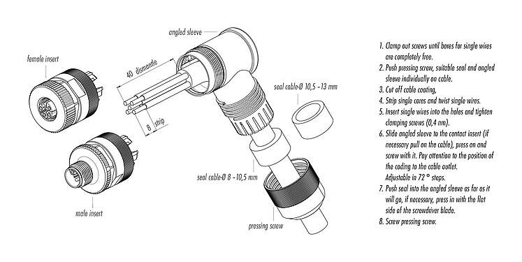 Assembly instructions 99 0639 370 05 - M12 Male angled connector, Contacts: 4+FE, 8.0-13.0 mm, unshielded, screw clamp, IP67, M12x1.0, for the power supply, UL 2237 in preparation, with PE connection