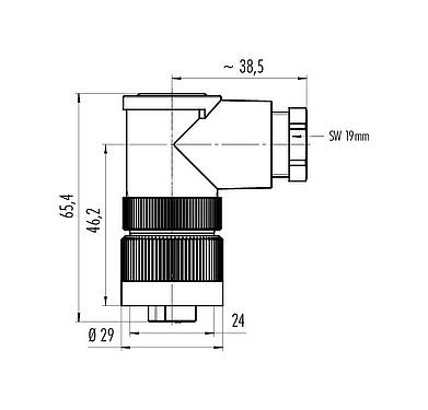 Dessin coté RD24 Connecteur femelle coudé, Contacts: 3+PE, 8,0-10,0 mm, non blindé, pince à visser, IP67, UL, ESTI+, VDE, PG 11