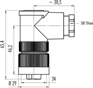 Scale drawing RD24 Female angled connector, Contacts: 6+PE, 8.0-10.0 mm, unshielded, crimping (Crimp contacts must be ordered separately), IP67, UL, ESTI+, VDE, PG 11