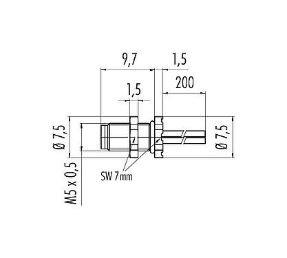 Scale drawing M5 Male panel mount connector, Contacts: 3, unshielded, single wires, IP67, M5x0.5, Rear mounting, potted