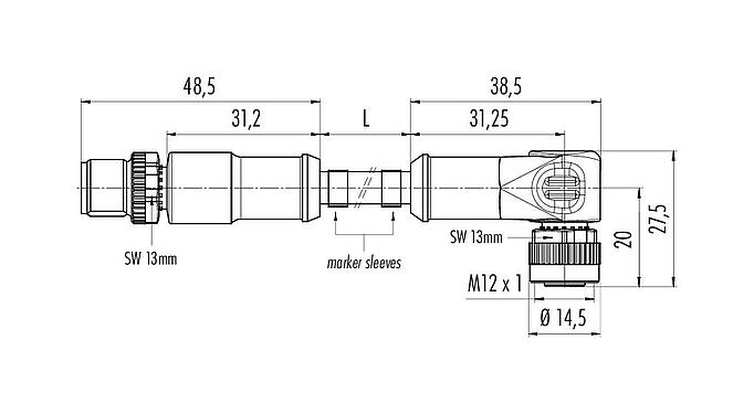 Dibujo a escala M12 Conector de cable macho - conector hembra en ángulo, Número de contactos: 8, sin blindaje, moldeado en el cable, IP68/IP69K, UL 2238, PUR, negro, 8 x 0,25 mm², 5 m
