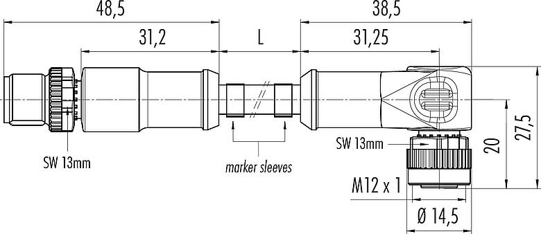 Dessin coté M12 Câble de raccordement connecteur mâle - connecteur femelle coudé, Contacts: 12, non blindé, surmoulé sur le câble, IP68/IP69K, UL 2238, PUR, noir, 12 x 0,25 mm², 5 m