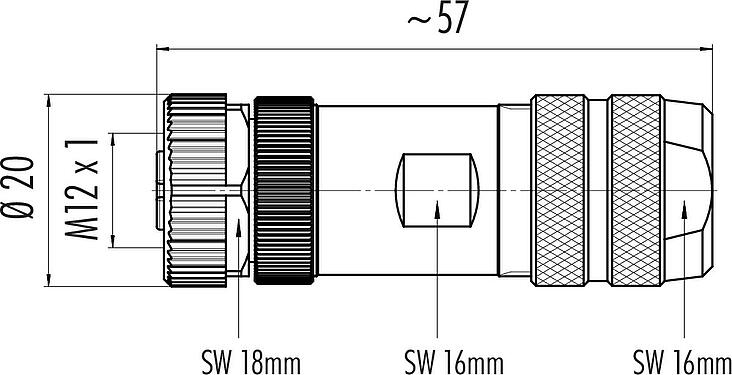 Scale drawing M12 Female cable connector, Contacts: 8, 8.0-10.0 mm, shieldable, screw clamp, IP67, UL 2238, with shielding ring