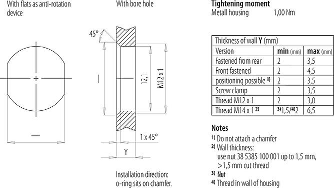 Assembly instructions / Panel cut-out M12 Female panel mount connector, Contacts: 8, shieldable, THT, IP67, UL, M12x1.0, Front mounting, potted
