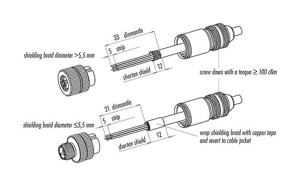 Instructions de montage 99 1631 814 04 - M12 Connecteur mâle, Contacts: 4, 5,0-8,0 mm, blindable, pince à visser, IP67, UL
