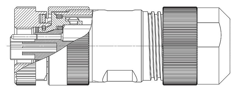Dibujo a escala M12 Conector de cable hembra, Número de contactos: 4+FE, 8,0-13,0 mm, sin blindaje, tornillo extraíble, IP67, M12x1,0, UL 2237 en preparación, con conexión de PE