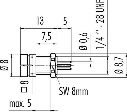 Scale drawing Snap-In Male panel mount connector, Contacts: 4, unshielded, THT, IP40, 1/4" 28 UNF, Front mounting