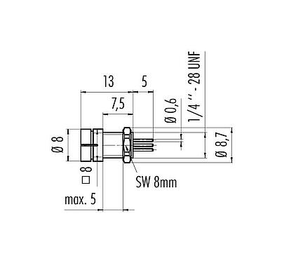 Scale drawing Snap-In Male panel mount connector, Contacts: 5, unshielded, THT, IP40, 1/4" 28 UNF, Front mounting