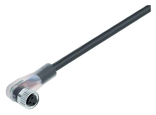Ilustración M8 Conector hembra en ángulo, Número de contactos: 3, sin blindaje, moldeado en el cable, IP67/IP69K, UL 2238, PUR, negro, 3 x 0,34 mm², con LED PNP, 2 m
