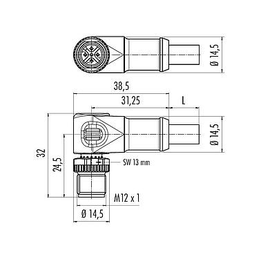 Scale drawing M12 Male angled connector, Contacts: 5, shielded, moulded on the cable, IP68, UL 2238, CAN-Bus, PUR, violet, 1 x 2 x AWG 22 + 1 x 2 x AWG 24, 2 m