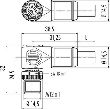 Scale drawing M12 Male angled connector, Contacts: 5, shielded, moulded on the cable, IP68, UL 2238, CAN-Bus, PUR, violet, 1 x 2 x AWG 22 + 1 x 2 x AWG 24, 10 m