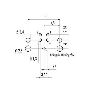 Disposición del conductor 99 3431 601 04 - M12 Enchufe de ángulo brida, Número de contactos: 4, blindable, THR, IP68, UL 2238, Montaje en pared, para montaje de PCB