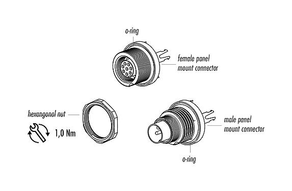 Component part drawing 09 0423 30 07 - M9 Male panel mount connector, Contacts: 7, shieldable, THT, IP67, front fastened