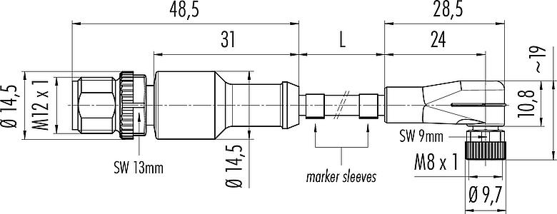 Scale drawing M12/M8 Male cable connector - female angled connector, Contacts: 4, unshielded, moulded on the cable, IP67/IP69K, UL 2238, PUR, black, 4 x 0.34 mm², 1 m