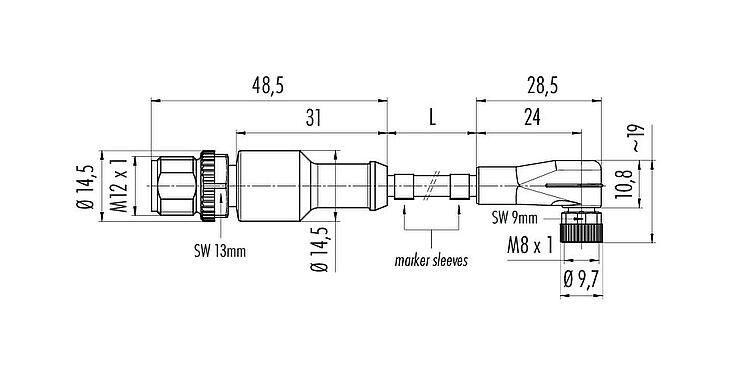 Dibujo a escala M12/M8 Conector de cable macho - conector hembra en ángulo, Número de contactos: 4, sin blindaje, moldeado en el cable, IP67/IP69K, UL 2238, PVC, gris, 4 x 0,34 mm², 5 m