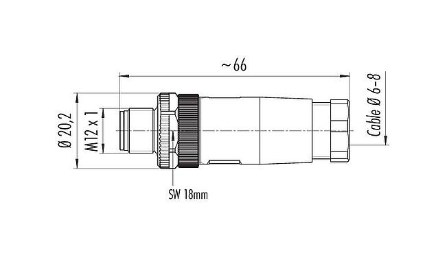 Dibujo a escala M12 Conector de cable macho, Número de contactos: 2+PE, 6,0-8,0 mm, sin blindaje, tornillo extraíble, IP67, UL 2238