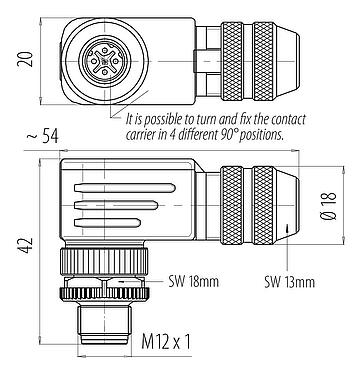 Dibujo a escala M12 Conector macho en ángulo, Número de contactos: 4, 6,0-8,0 mm, blindable, tornillo extraíble, IP67, UL 2238, con anillo de protección