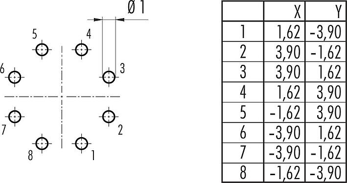 Conductor layout Bayonet Female panel mount connector, Contacts: 8, unshielded, THT, IP67, Front mounting