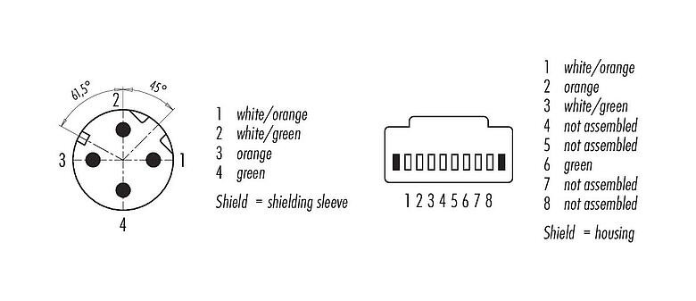 Contact arrangement (Plug-in side) M12/RJ45 Connecting cable male cable connector - RJ45 connector, Contacts: 4, shielded, molded/crimp, IP67, Ethernet CAT5e, TPE, blue/green, 2 x 2 x AWG 24, 1.5 m