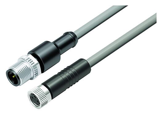 Illustration M12/M8 Male cable connector - female cable connector, Contacts: 3, unshielded, moulded on the cable, IP67/IP69K, UL 2238, PVC, grey, 3 x 0.34 mm², 0.3 m