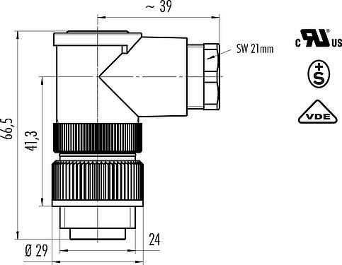 Scale drawing RD24 Male angled connector, Contacts: 6+PE, 10.0-12.0 mm, unshielded, solder, IP67, UL, ESTI+, VDE, PG 13.5