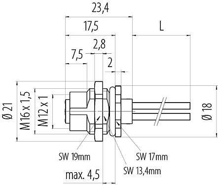 Dibujo a escala M12 Toma de brida, Número de contactos: 4, sin blindaje, hilos, IP68, UL 2238, M16x1,5, Montaje en pared, moldeado