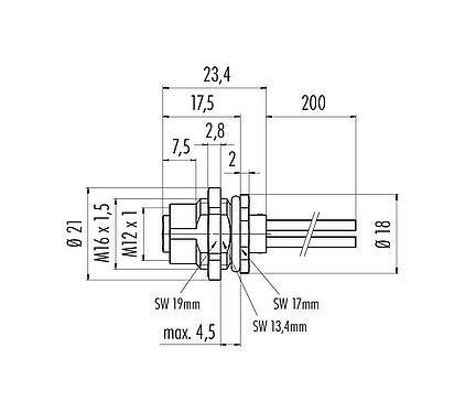 Dibujo a escala M12 Toma de brida, Número de contactos: 4, sin blindaje, hilos, IP68, UL 2238, M16x1,5, Montaje en pared, moldeado