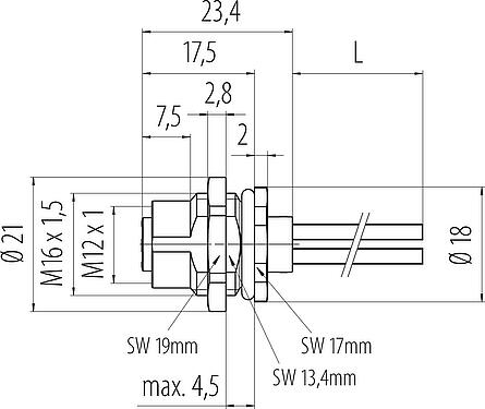 Dibujo a escala M12 Toma de brida, Número de contactos: 4, sin blindaje, hilos, IP68, UL 2238, M16x1,5, Montaje en pared, moldeado