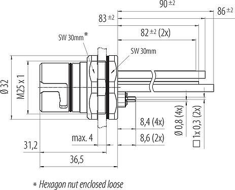 Scale drawing B23 Female panel mount connector, Contacts: 9 (4+PE + 4), THT, IP65/IP67, Rear mounting, ENP: Power pin / Data socket