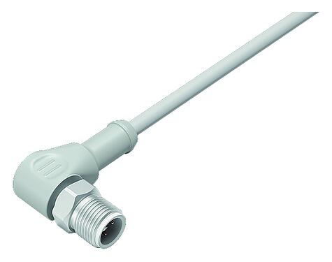 Illustration M12 Male angled connector, Contacts: 3, unshielded, moulded on the cable, IP67/IP69K, UL 2238, Ecolab, PVC, grey, 3 x 0.34 mm², stainless steel, 5 m
