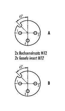 Contact arrangement (Plug-in side) 79 5236 33 04 - M12/M12 Twin distributors, Y-distributor, male connector - 2 female connector, Contacts: 4, unshielded, moulded on the cable, IP68, UL 2238, PUR, black, 4 x 0.25 mm², with LED PNP closer, 2 m