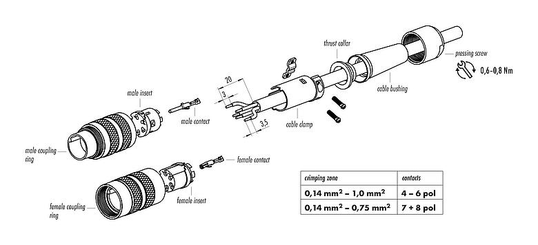 Assembly instructions M16 Female cable connector, Contacts: 4 (04-a), 4.0-6.0 mm, shieldable, crimping (Crimp contacts must be ordered separately), IP40