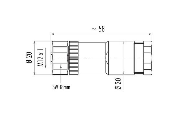 Dessin coté M12 Duo-connecteur femelle, Contacts: 4, 2.1-3.0 mm (2 câble) ou 4-5 mm (2 câble), non blindé, pince à visser, IP67, UL 2238