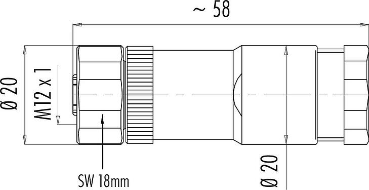 Dibujo a escala M12 conector dúo de cable hembra, Número de contactos: 4, 2.1-3.0 mm (2 Cable) o 4-5 mm (2 Cable), sin blindaje, tornillo extraíble, IP67, UL 2238