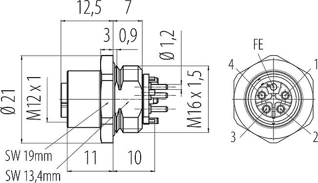 Dessin coté M12 Embase femelle, Contacts: 4+FE, non blindé, THR, IP67, UL 2238, M16x1,5, Montage frontal