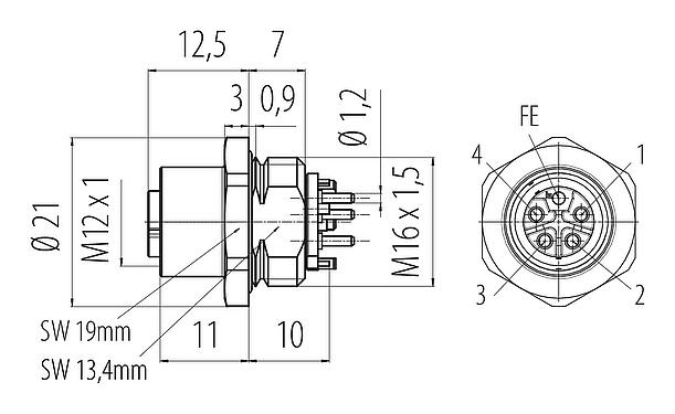 Dessin coté M12 Embase femelle, Contacts: 4+FE, non blindé, THR, IP67, UL 2238, M16x1,5, Montage frontal