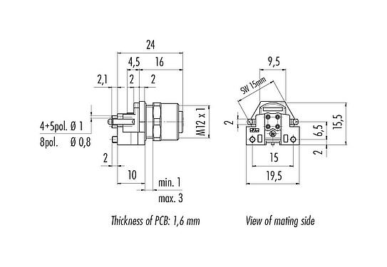 Dibujo a escala M12 Toma de brida, Número de contactos: 4, sin blindaje, THR, IP68, UL 2238, M12x1,0, Montaje en pared, para montaje de PCB, diseño de dos partes