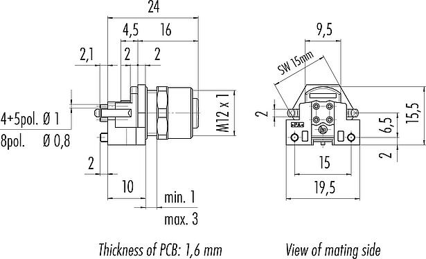 Scale drawing M12 Female panel mount connector, Contacts: 4, unshielded, THR, IP68, UL 2238, M12x1.0, Rear mounting, for PCB assembly, two-part design